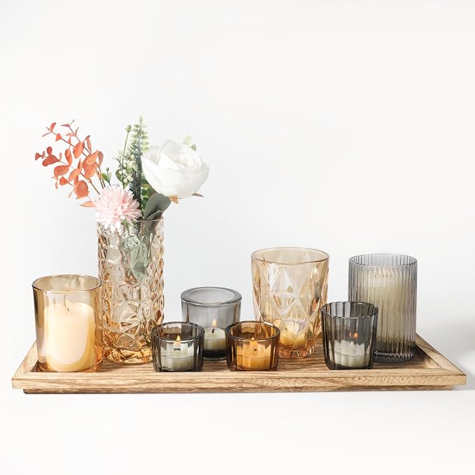 Rustic Wooden Tray with 8 Brown Glass Votive Candle Holders | Decorative Tea - Image 2