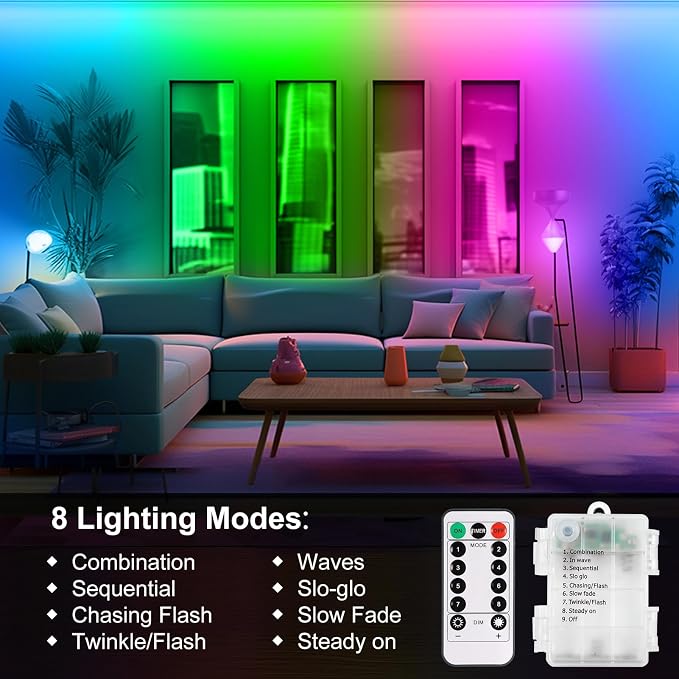 echosari 9.8FT 90Led RGB Strip Lights Battery Powered Remote Control, 8 Modes - Image 3