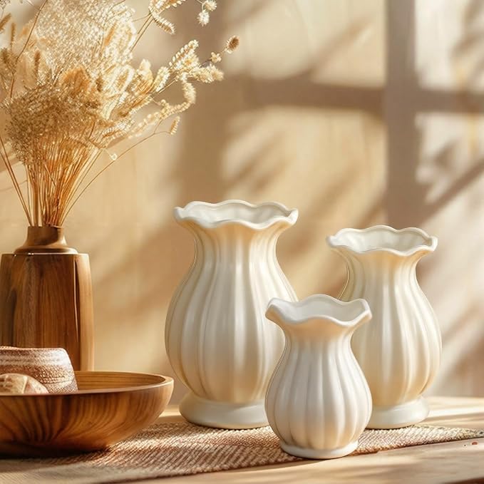 3 Pack White Ceramic Vase Set Small Rustic, 7.9in | Decorative Flower Vases - Image 6