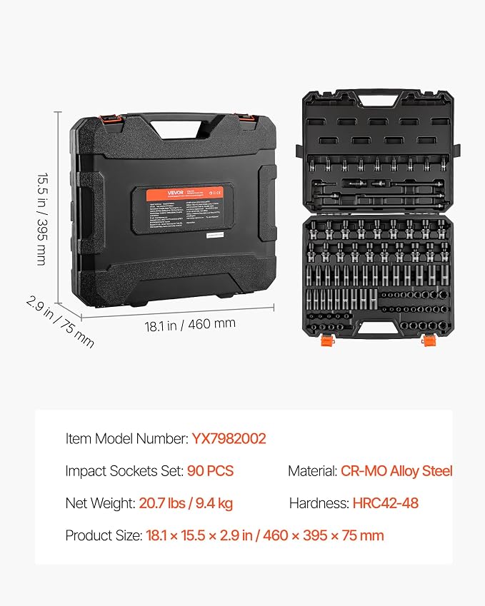 VEVOR Impact Socket Set 3/8" Drive 90-Piece, Shallow & Deep, 6 Point | SAE - Image 7