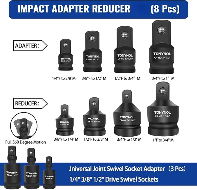 TONYNOL 11pcs Impact Adapter and Reducer Set and Universal Joint Swivel Socket - Image 3