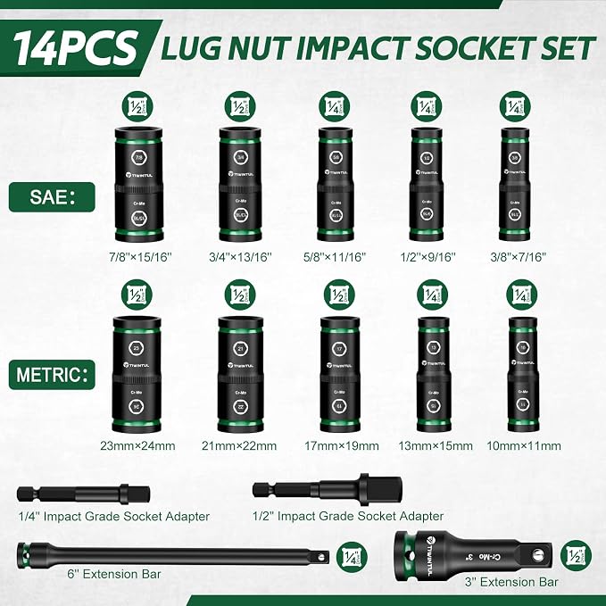 Lug Nut Impact Socket Set, CR-MO Steel, 20-IN-10 Deep Flip Socket Set, Thin - Image 2