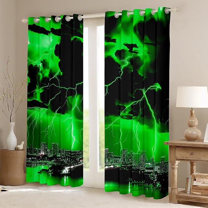 jejeloiu Green Thunder Lightning Window Drapes Cool Flashing Lightning Blackout - Image 2