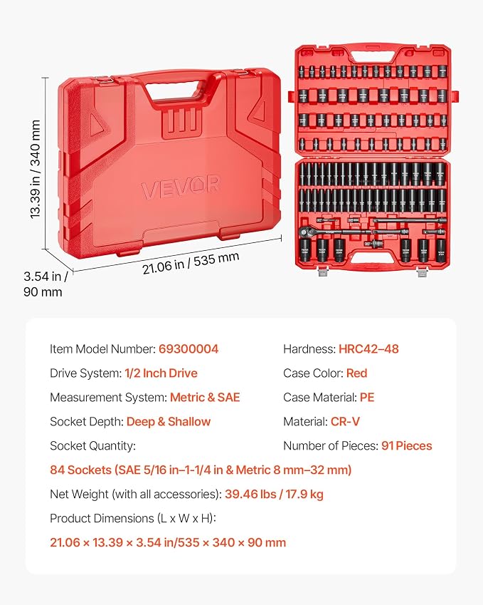 VEVOR 91-Piece 1/2" Drive Impact Socket Set, Deep & Shallow Kit | SAE & Metric - Image 7