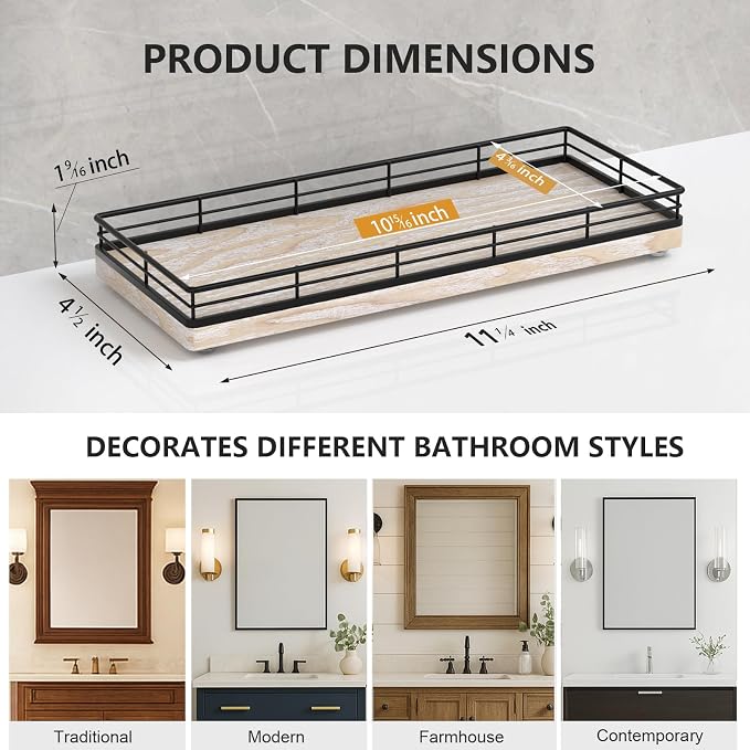 Bathroom Tray for Counter Top Organizer, Ash Wood Vanity Tray | Metal Frame for - Image 6