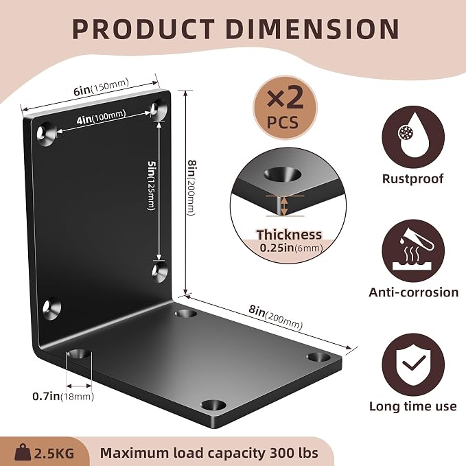 2 Pcs 8" X 8" X 6" Heavy Duty Steel L Angle Bracket - Image 2