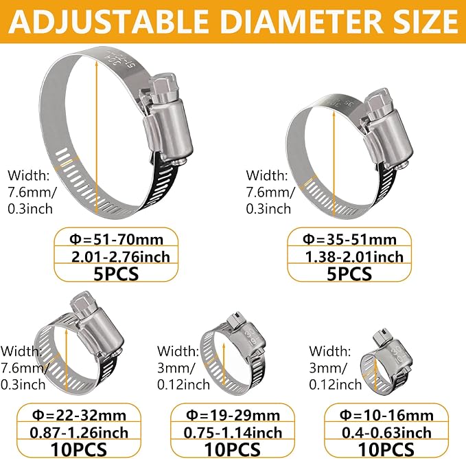 40 Pack Adjustable Stainless Steel Hose Clamps, 10-70mm Worm Gear Duct Pipe - Image 4