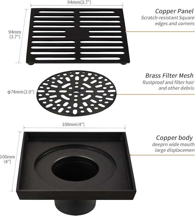 PHASAT Floor Drain Brass Contemporary 4 inches Square - Image 3