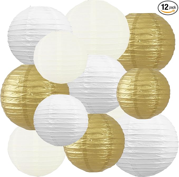 BEISHIDA Gold White Paper Lanterns 12Pcs 6/8/10/12 Inch Round Chinese Lamp | by Beishida