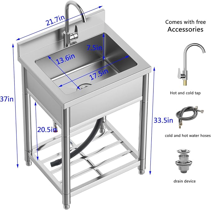 Stainless Steel Commercial Kitchen Sink, Free Standing Single Bowl Sink - Image 4
