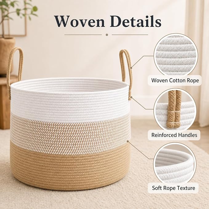 JMvicyroam 65L Extra Large Machine Washable Cotton Rope Blanket Basket | - Image 3