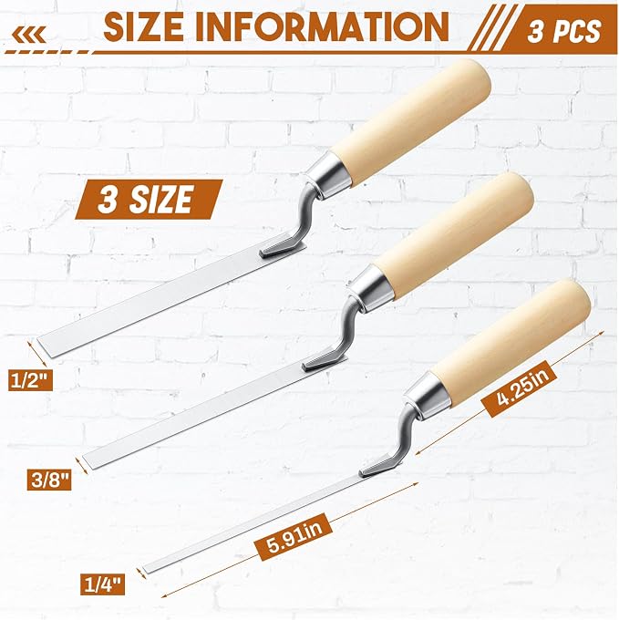 3 Pcs Pointer Trowel, 6-3/4" by 1/4", Wood Handle | Professional Mortar Repair - Image 2