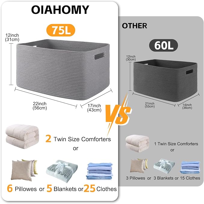 OIAHOMY 75L Large Blanket Basket, Woven Blanket Storage Basket - Image 3