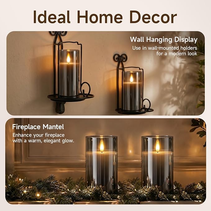 Homemory Grey Glass Flameless Candles, Real Wax, Remote Timer, 2 Pack | D3"xH6" - Image 3