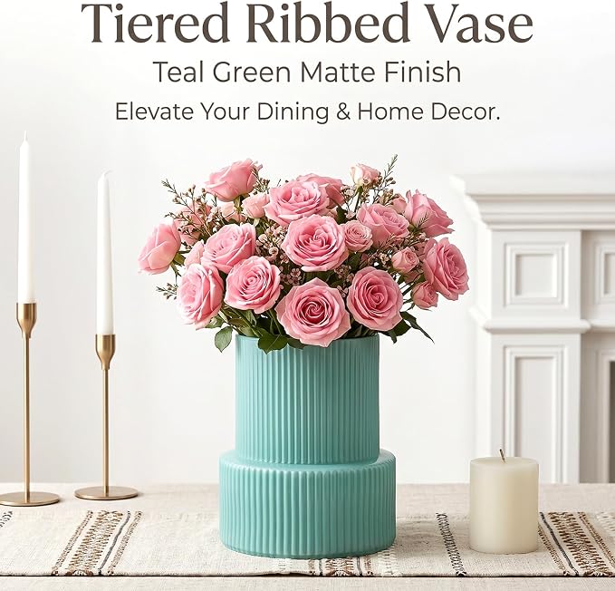 Green Ribbed Glass Vase, Modern Design Flower Vase | Home Decor - Image 5