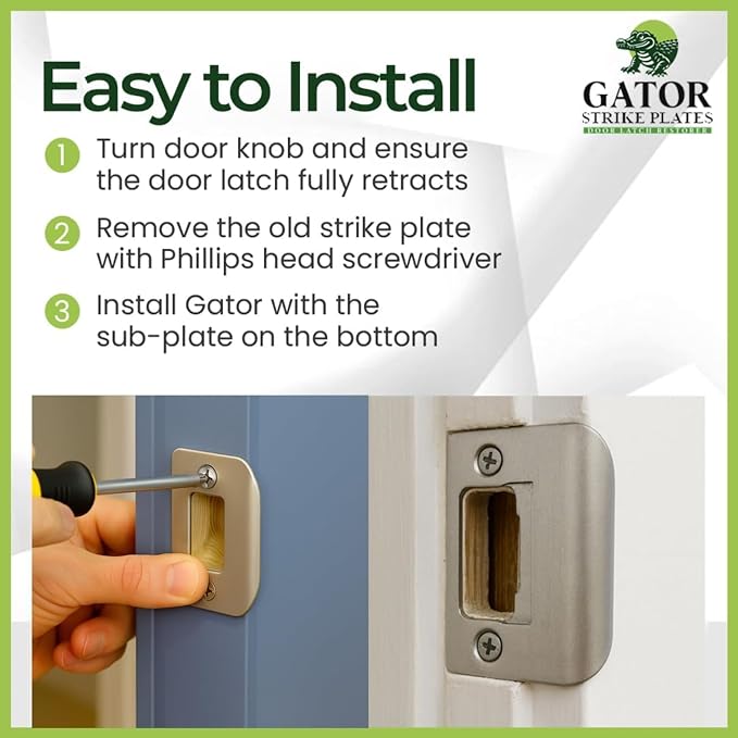 Gator Door Strike Plate 2-1/4" Latch Restorer, Satin Nickel, No Chiseling - Image 4
