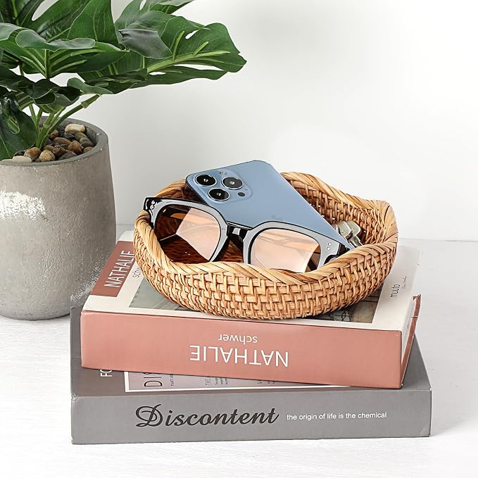 Hipiwe Round Key Basket Bowl for Entryway 7.3" Small Rattan Serving Tray | - Image 3