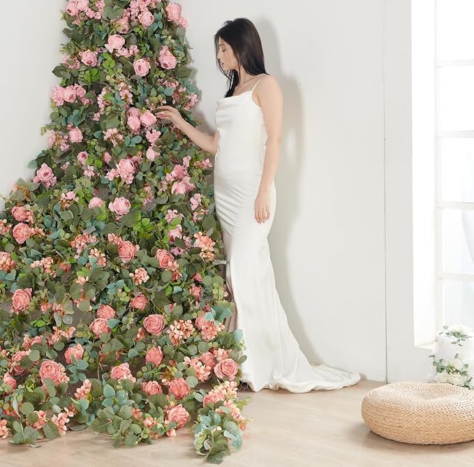 Artificial Flower Garland 2pcs 5.4ft Rose & Hydrangea Vine, Champagne Pink | - Image 3