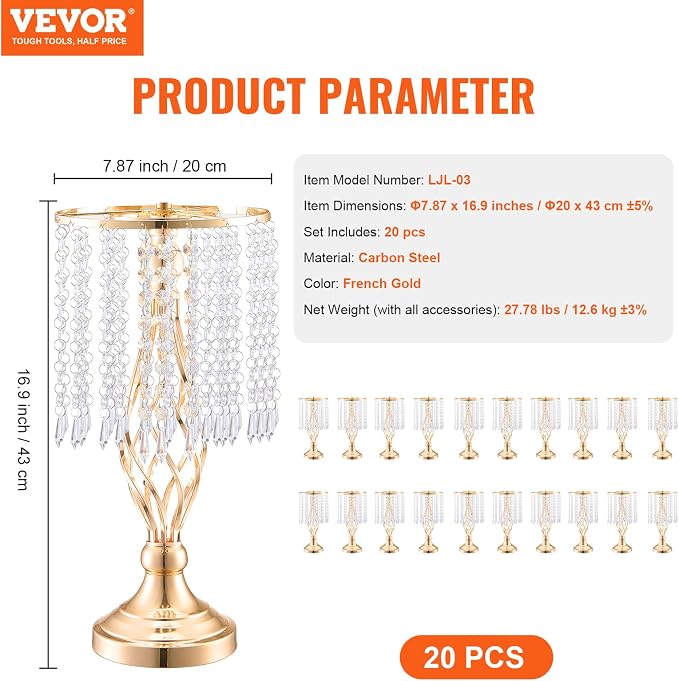 VEVOR 20PCS 43cm/16.9” Tall Crystal Wedding Flower Stand, Metal Wedding - Image 7
