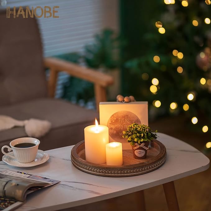 Hanobe Round Wooden Tray Decor for Coffee Table, Decorative Candle Plate | - Image 2