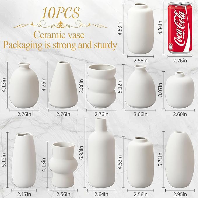 White Vases Set of 10, Small Ceramic Flower Vases Bulk Bud Vases - Image 2