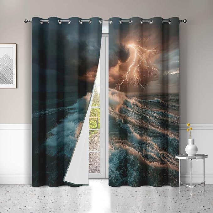 Thunderstorm Curtains for Living Room, Ocean Waves Blackout Curtains for - Image 3