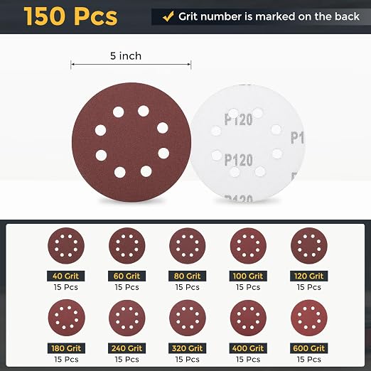 HARFINGTON 150Pcs 5Inch Sanding Disc 8 Hole Hook and Loop Sandpaper Red | - Image 2