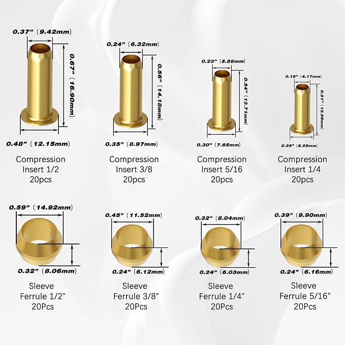 160PCS Brass Compression Sleeve Ferrule & Insert 1/4" 3/8" 5/16"1/2" kit | 4 - Image 2