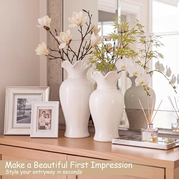2 Pack White Ceramic Vase Set Small Rustic, Classic | Decorative Flower Vases - Image 4