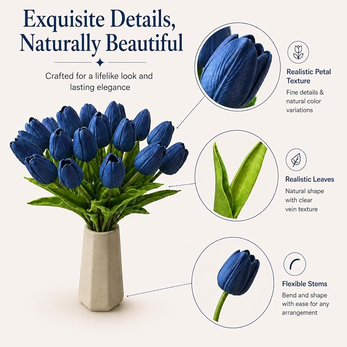 Mandy's 20pcs Artificial Navy Blue Tulips | 13.5 Inch Lifelike PU Tulips Faux - Image 4