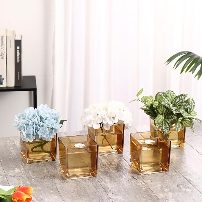 Square Amber Glass Vases Set of 2, Flower Vases - Image 5