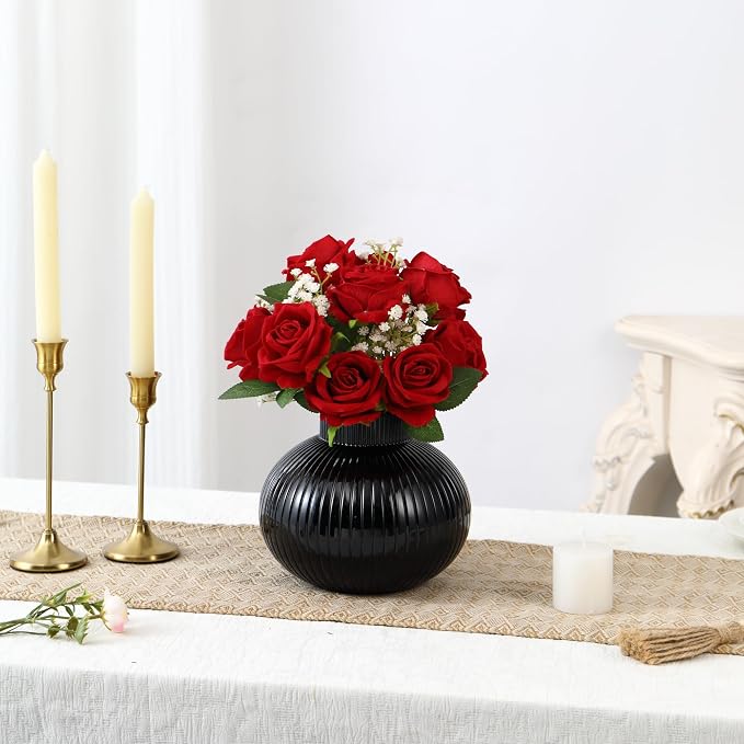 Black Glass Vase, Flower Vases for Bouquet, Ribbed Glass Vases for Flowers - Image 3
