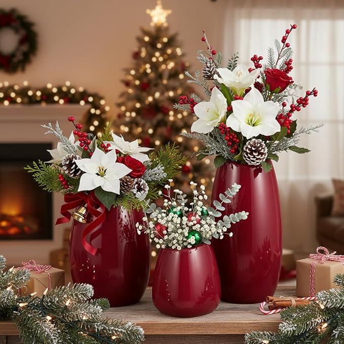 hjn Ceramic Vase Set of 3 Red Flower Vase - Image 8