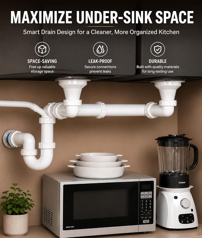 1-1/2" Kitchen Sink Drain Kit, Space-Saving Rear P-Trap - Image 3