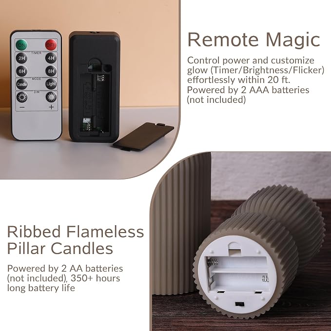 Taupe Ribbed Flameless Pillar Candles - Image 3