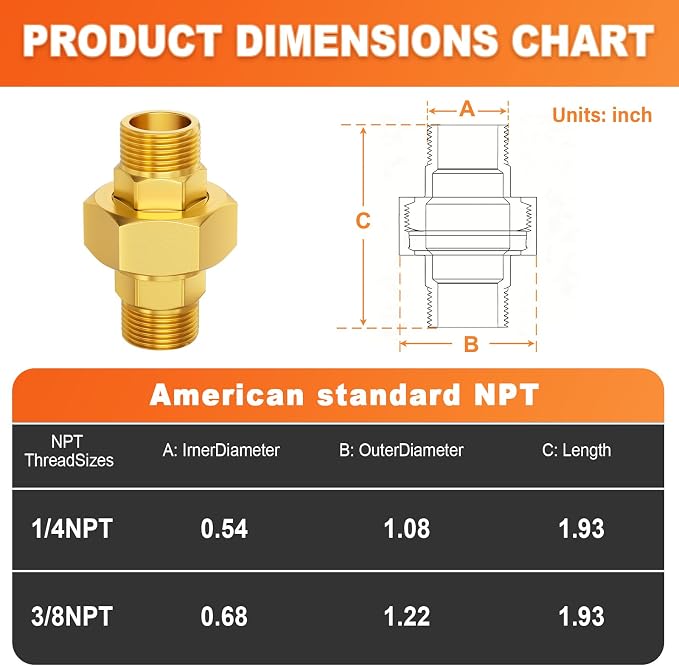 GASHER 2PCS 1/4" MNPT Brass Union Pipe Fitting | 1/4 Inch Male x 1/4 Inch Male - Image 3