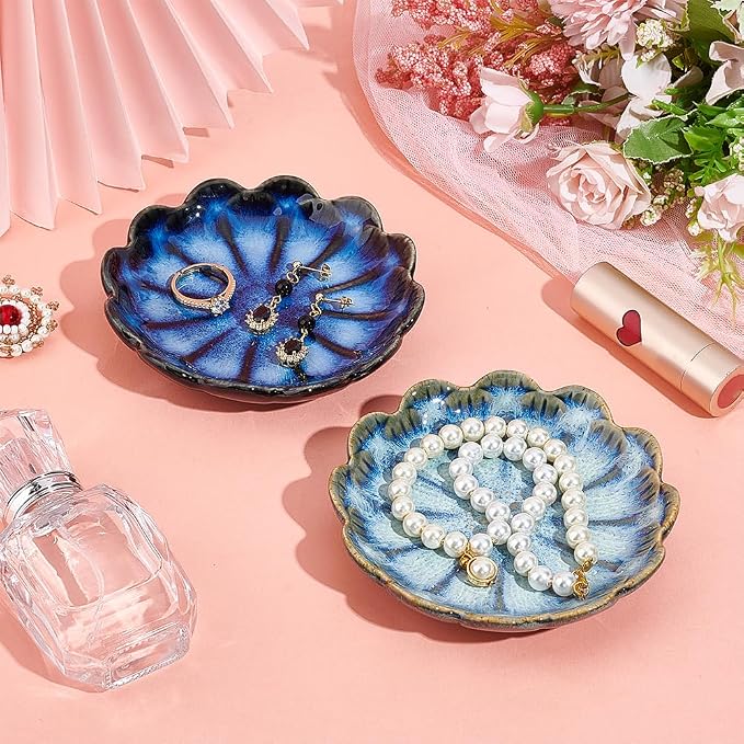 NBEADS 2 Pcs 2 Color Ceramic Jewelry Tray, Lotus Flower Shape Ring Dish Holder - Image 4