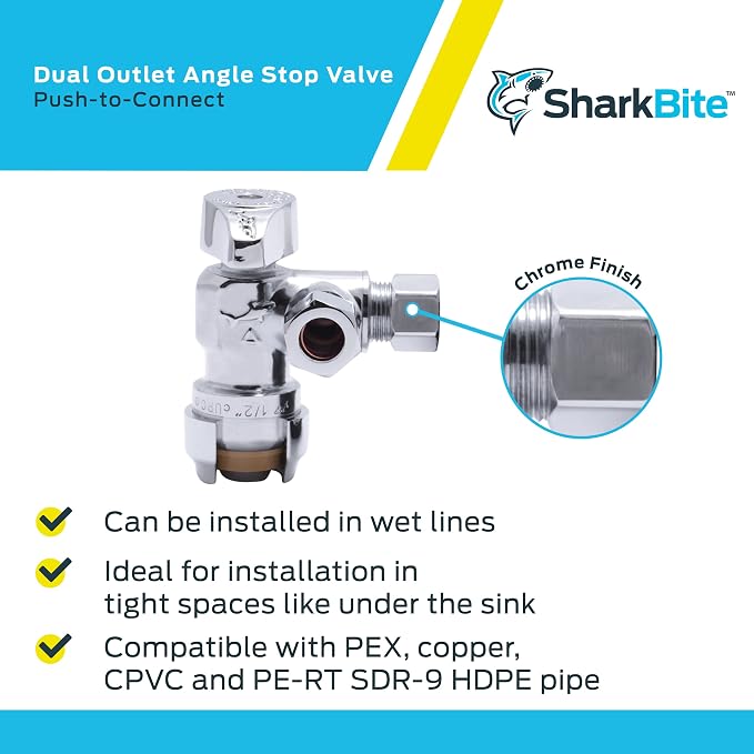 SharkBite 1/2 x 3/8 Inch Compression Dual Outlet Angle Stop Valve, Quarter Turn - Image 4