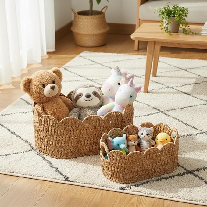 Coeusy Paper Rope Scalloped Basket Set of 2, Wicker Storage Baskets - Image 9