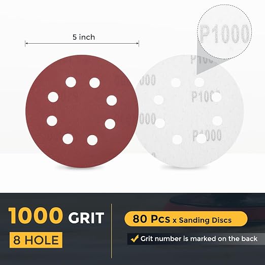 HARFINGTON 80 Pcs 5 Inch Sanding Discs 1000 Grit Red Aluminum Oxide 8 Hole | - Image 2