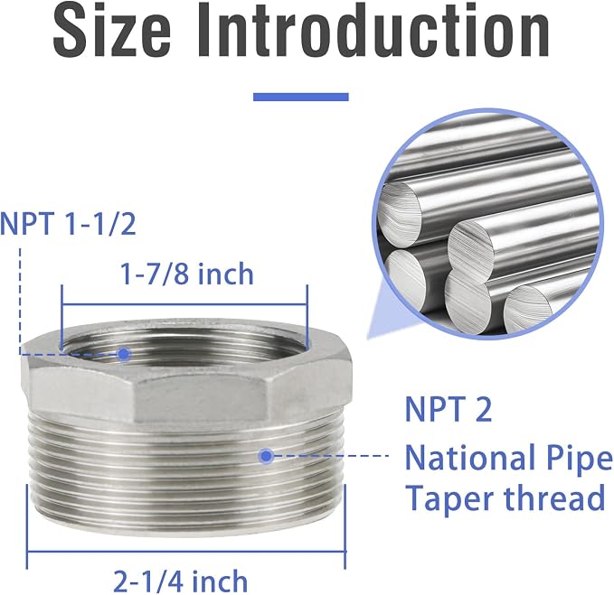 stainless steel hex bushing npt 2 to npt 1-1/2 threaded reducer | Reducing - Image 2