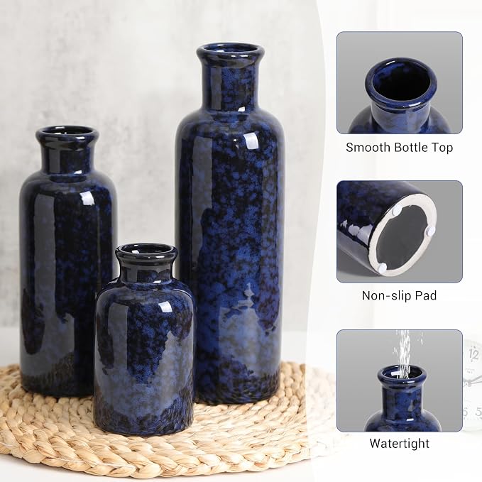 Small Blue Ceramic Vase Set of 3, Boho Modern Flower Vase Room Decor, Farmhouse - Image 4