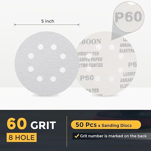 HARFINGTON 50 Pcs 5 Inch Sanding Disc 8 Hole 60 Grit White Aluminum Oxide | - Image 2