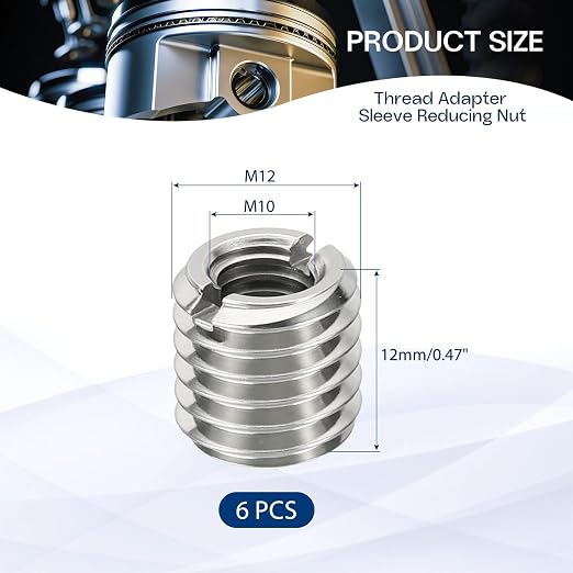 6Pcs Thread Adapter Sleeve Reducing Nut, M12 M to M10 F, 12mm Length | M12 x - Image 2