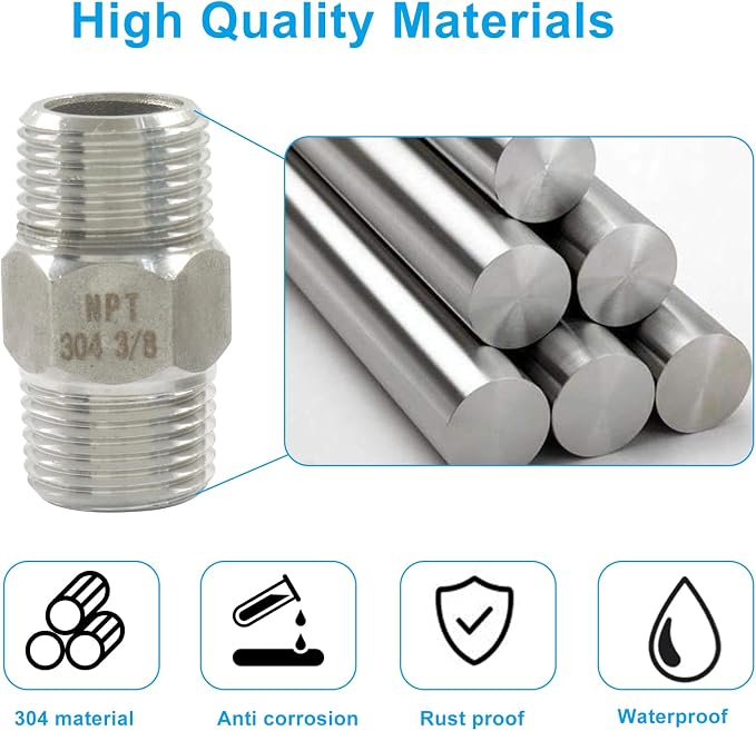 3/8" Male x 3/8" Male NPT Hex Nipple Pipe Fittings, Threaded Adapter, - Image 3