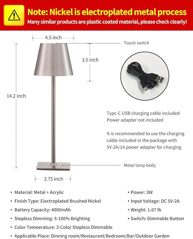 KDG 2 Pack Cordless Brushed Nickel Table Lamps, Portable LED Desk Lamp | - Image 4