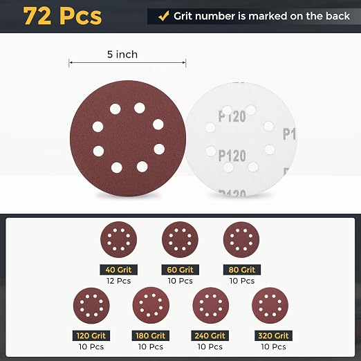 HARFINGTON 72Pcs 5Inch Sanding Disc 8 Hole Hook and Loop Sandpaper Red | - Image 2