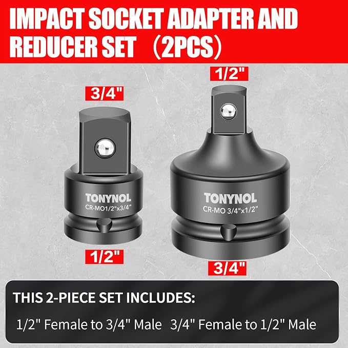 TONYNOL 2PC Impact Socket Adapter & Reducer, 1/2"F-3/4"M, 3/4"F-1/2"M Drive | - Image 2
