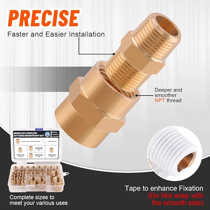 24Pcs Brass Pipe Fittings Hex Coupling Kit, 1/8" 1/4" 3/8" 1/2" NPT | 1/4 Inch - Image 4