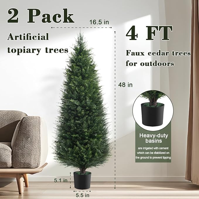 Chillchard 2Pack 4FT Artificial Cedar Tree, UV Resistant Fake Pine Tree | - Image 2